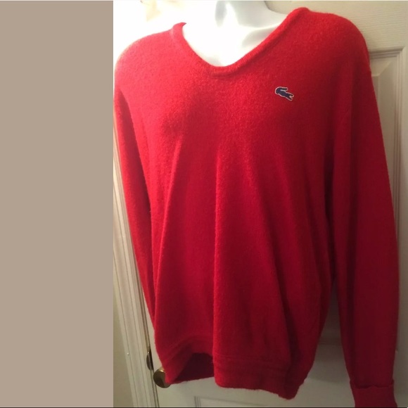 Vintage LACOSTE Red Izod VNeck Sweater Knit Gold Preppy Pullover Holiday Work - Picture 8 of 8